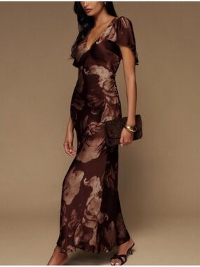 Reformation Vida Long Satin Dress in Siena Brown Floral | size US 4